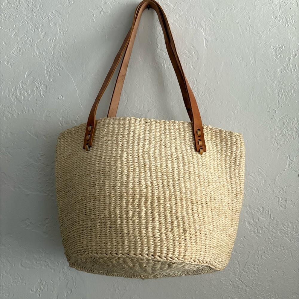 Natural Woven Tote Bag with Tan Straps